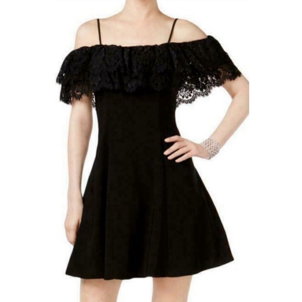 Betsy & Adam Black Off The‎ Shoulder Fit & Flare Lace Trim Dress Size 10